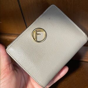 Fendi Beige Leather Card Holder with Gold Accent